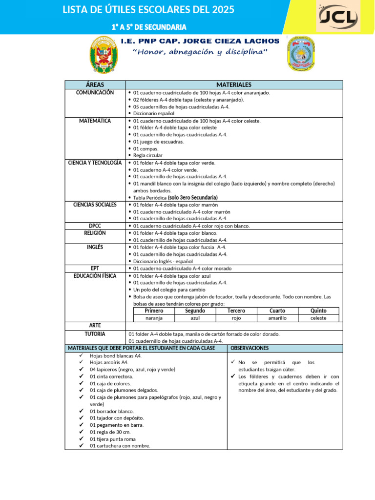 Lista de Útiles Escolares 2025 | PDF | Color | Arco iris