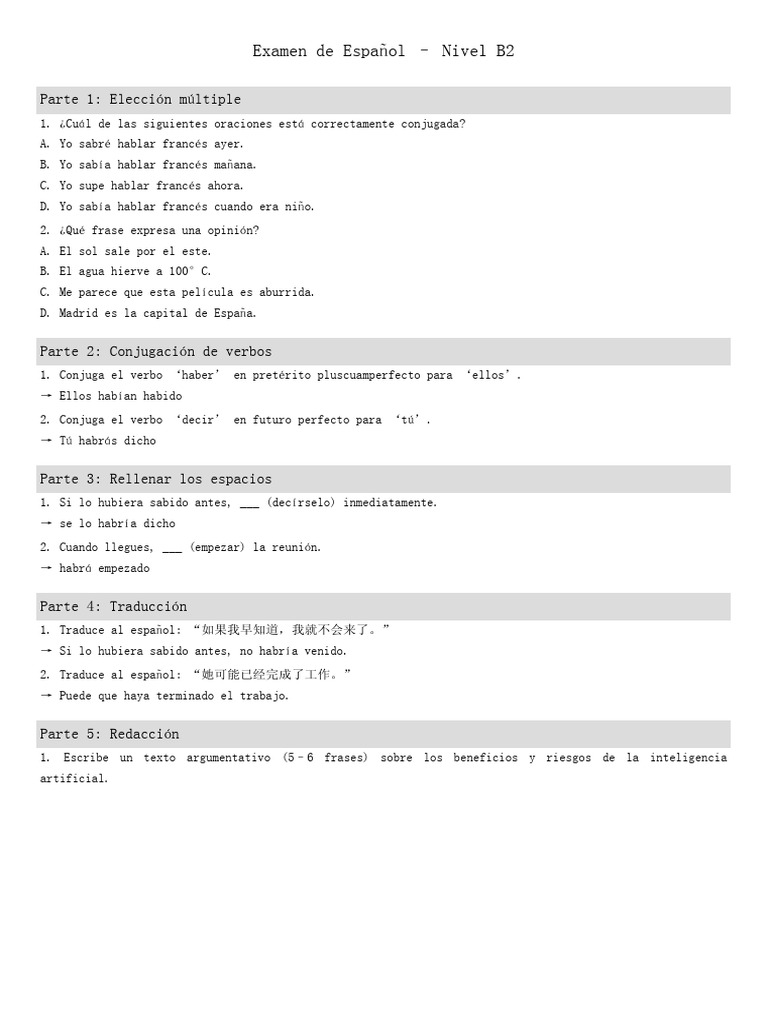 Examen Espanol B2 Con Respuestas Parciales | PDF