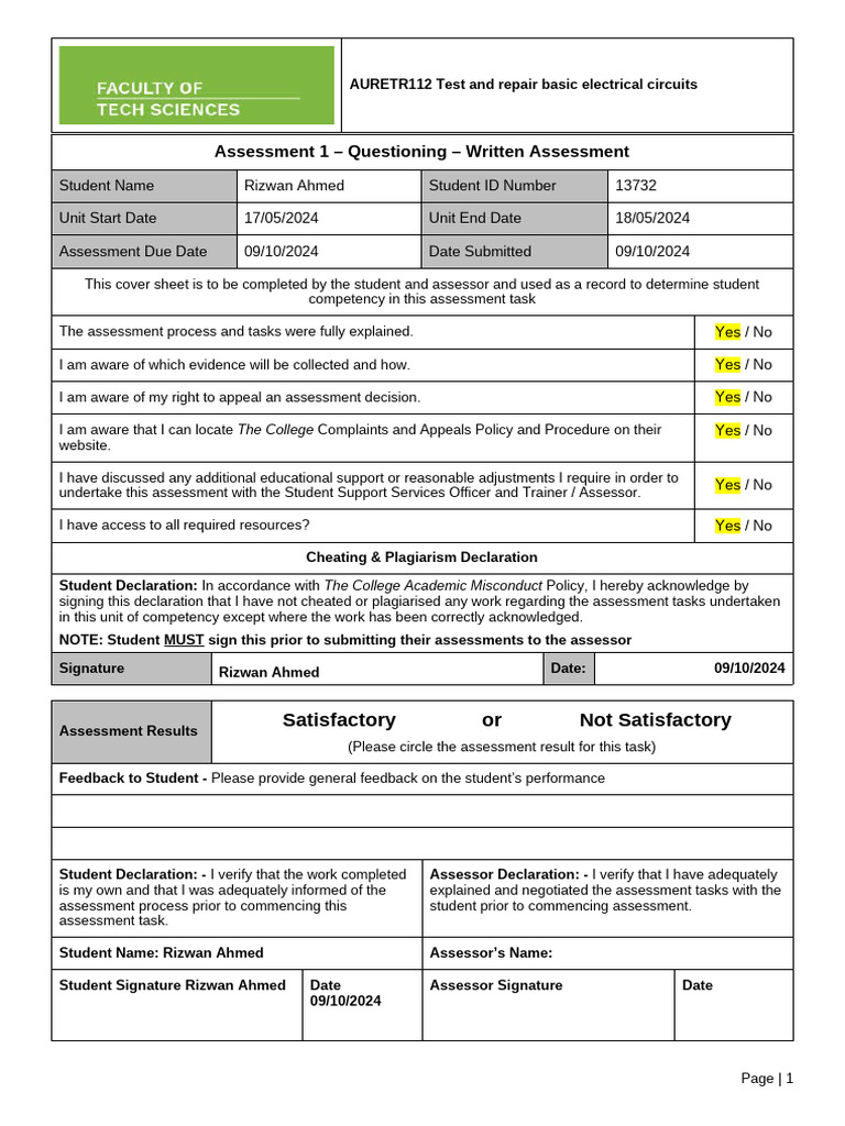 AURETR112 Electrical Circuits Assessment | PDF | Series And Parallel ...