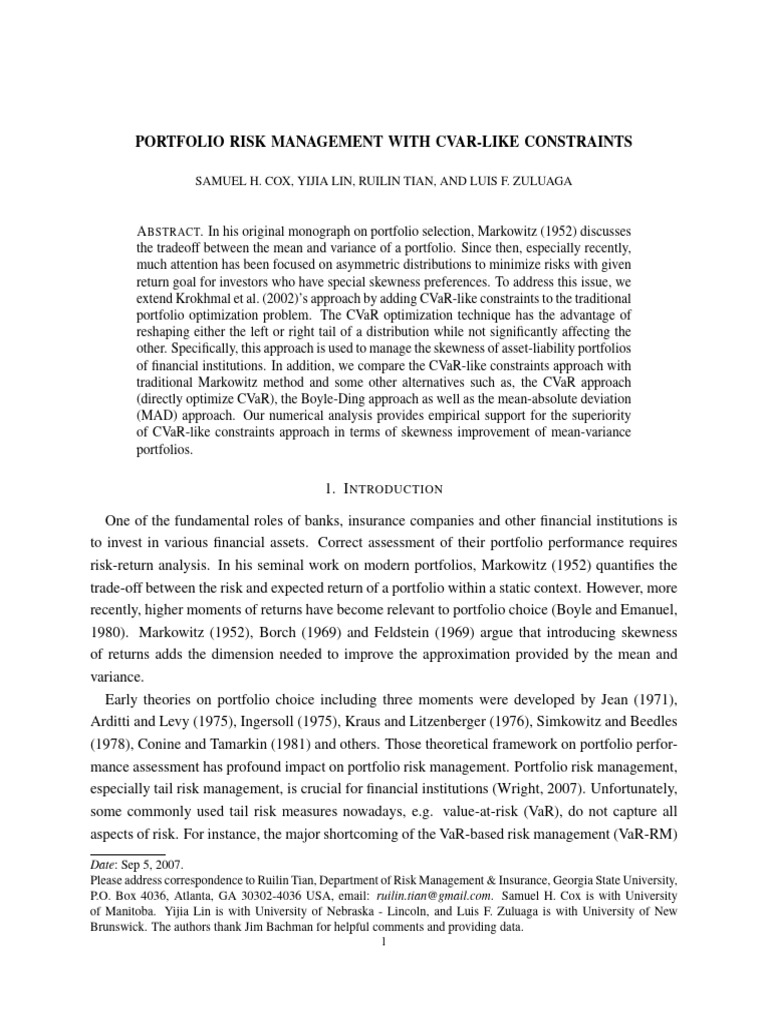 Portfolio Risk Management With Cvar-Like Constraints | PDF | Insurance ...