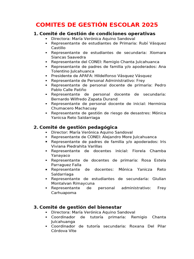Comités de Gestión Escolar 2025 | PDF