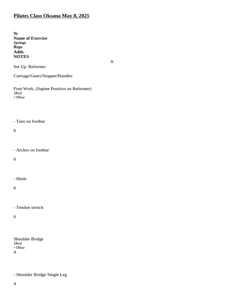 Pilates Class Plan for May 2025 | PDF