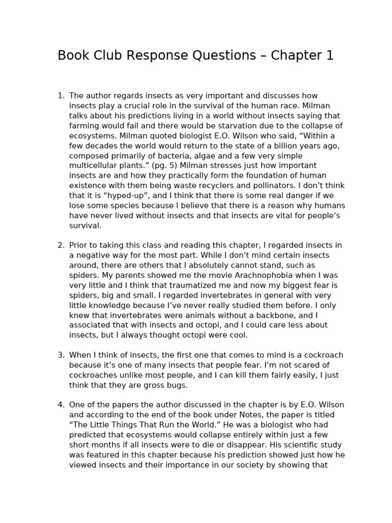 Book Club Response Questions - Chapter 1 | PDF | Insects | Biology