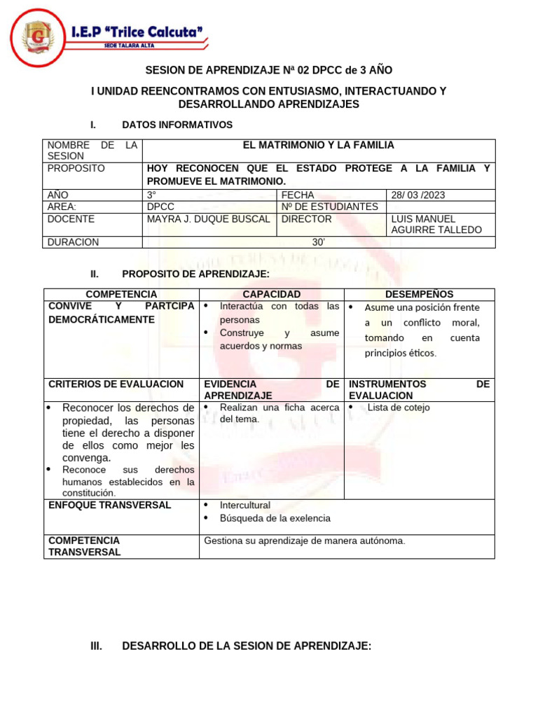 Matrimonio y Familia en DPCC 3° Año | PDF | Aprendizaje | Evaluación