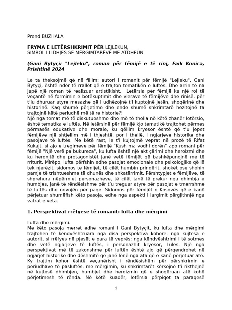 Prend Buzhala, PUNIM Për Romanin LEJLEKU Të Gani Bytyçit | PDF