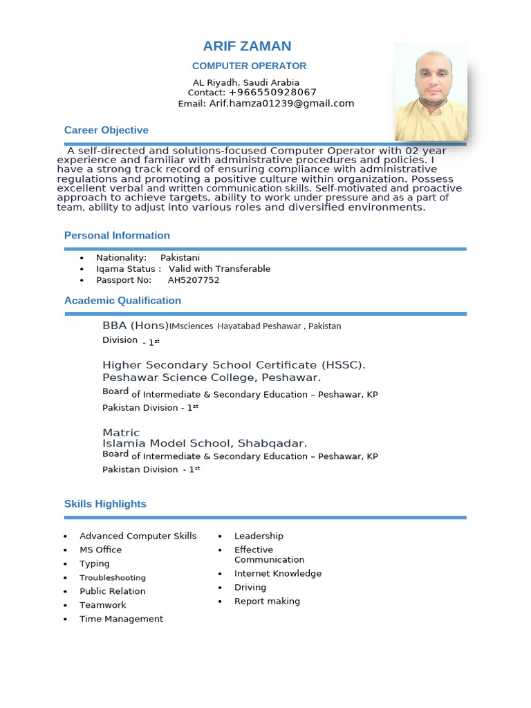 Computer Operator Resume - Arif Zaman | PDF | Occupational Safety And ...