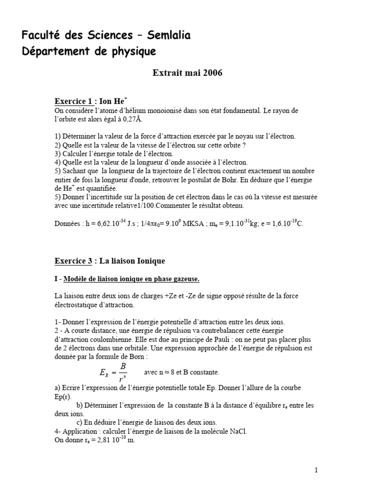 Exercices sur l'ion He+ et la liaison ionique | PDF | Liaison chimique ...
