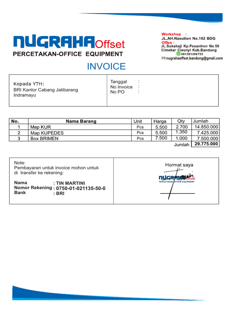 Invoice Pembayaran BRI Jatibarang | PDF