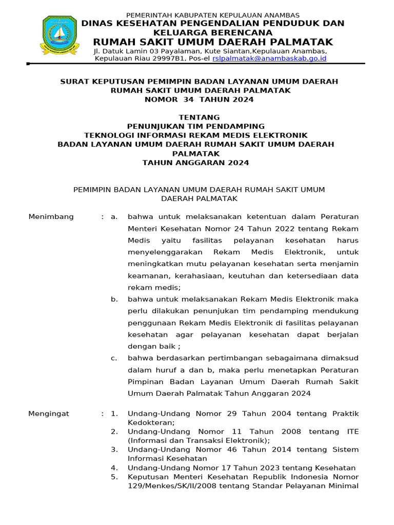 SK Pejabat Pengelola Keuangan Rsud Palmatak | PDF