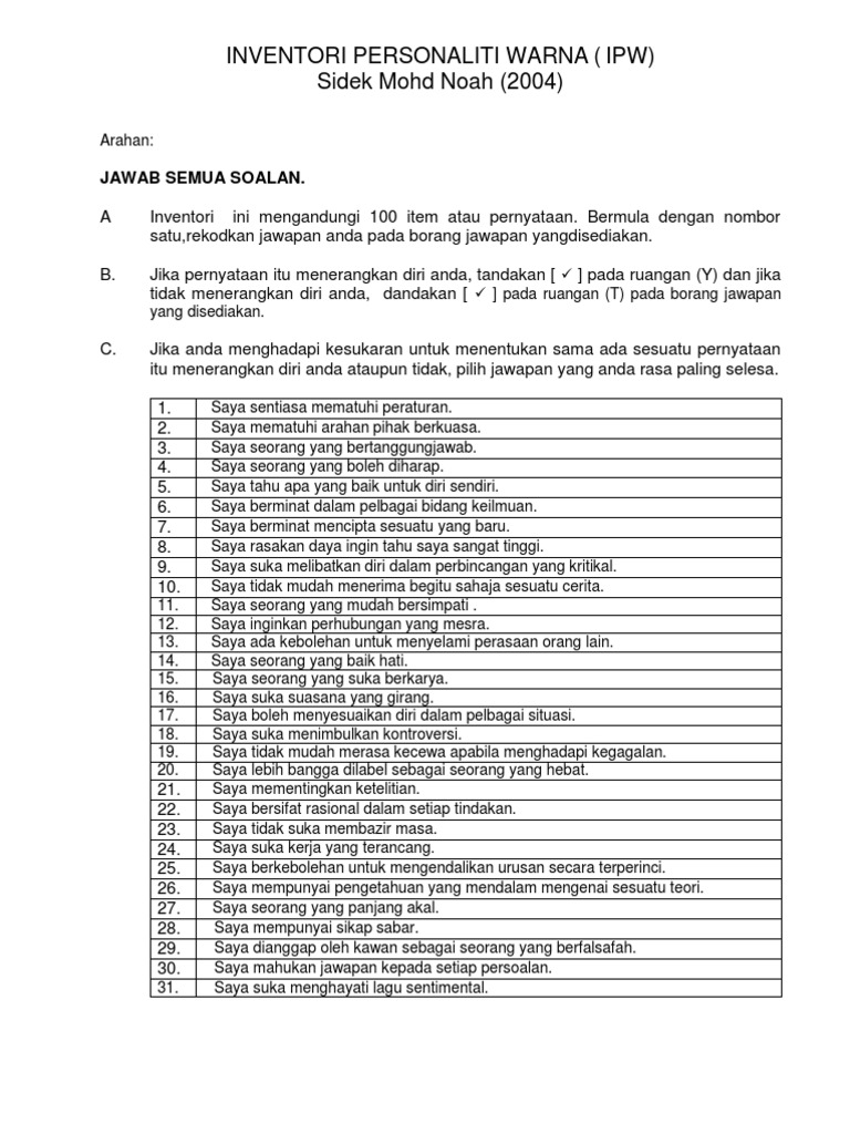 Inventori Personaliti Warna Ipw Sidek Mohd Noah