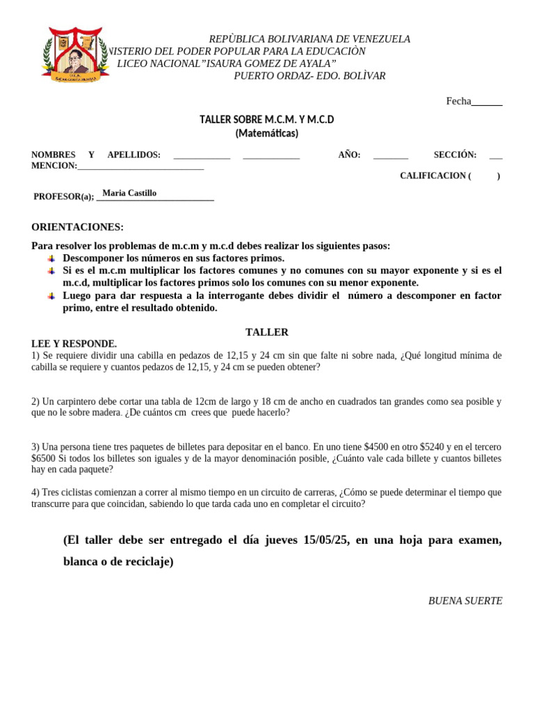 Taller Sobre M.C.M y M.C.D 1er Año A Cs y T | PDF | Matemáticas ...