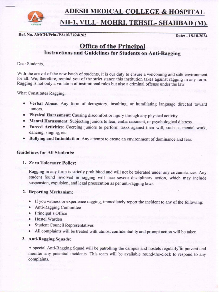 Instructions and Guidelines For Students On Anti-Ragging | PDF