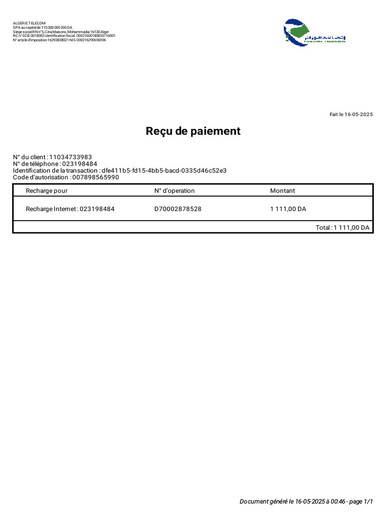 Recharge Internet Algérie Telecom | PDF