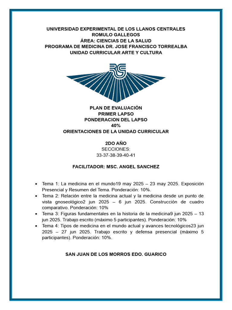 Plan de Evaluacion Arte y Cultura Segundo Lapso Prof Angel Sanchez 2do ...
