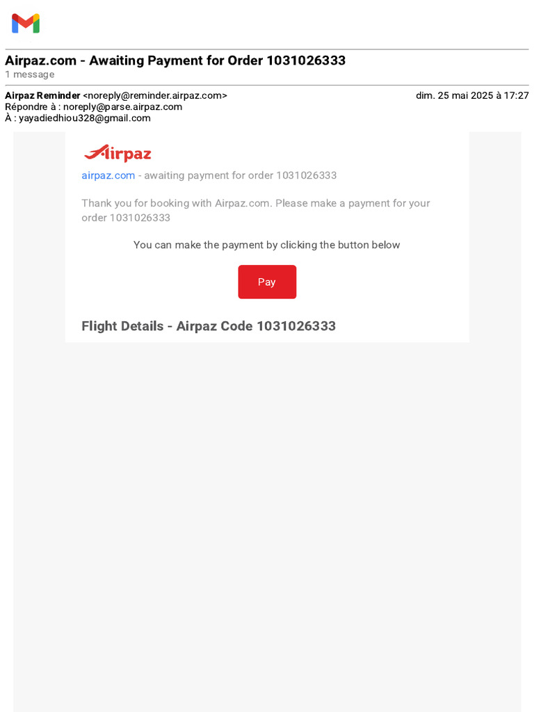 Airpaz Order 1031026333 Payment Reminder | PDF | Aviation | Airlines