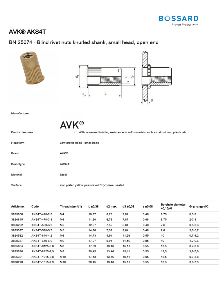 AVK® AKS4T Blind Rivet Nuts Overview | PDF