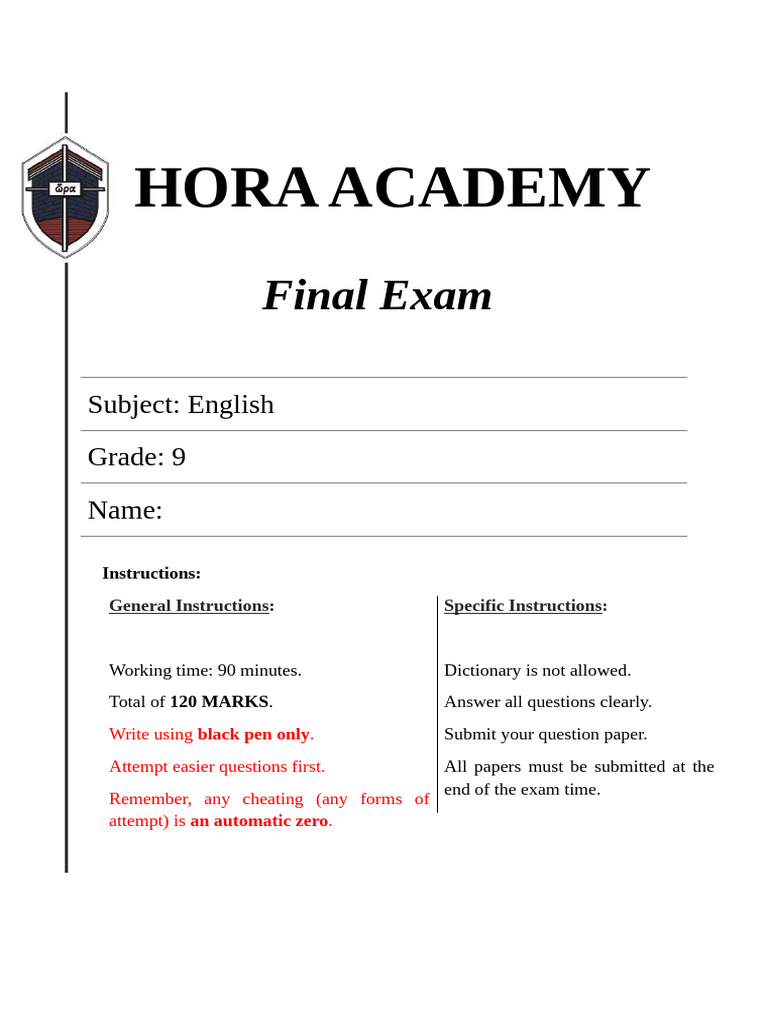 Grade 9 English Final Exam Instructions | PDF | Transport