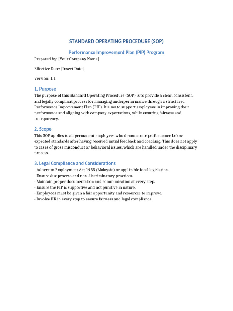 SOP for Performance Improvement Plans | PDF