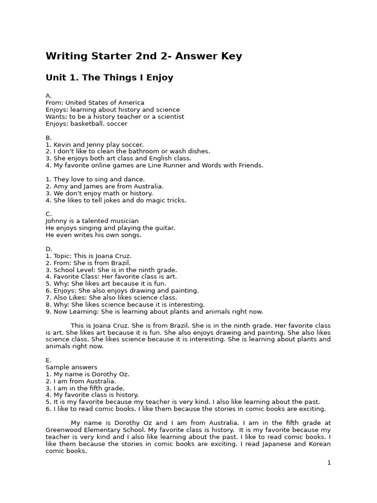 Writing Starter 2 Answer Key | PDF