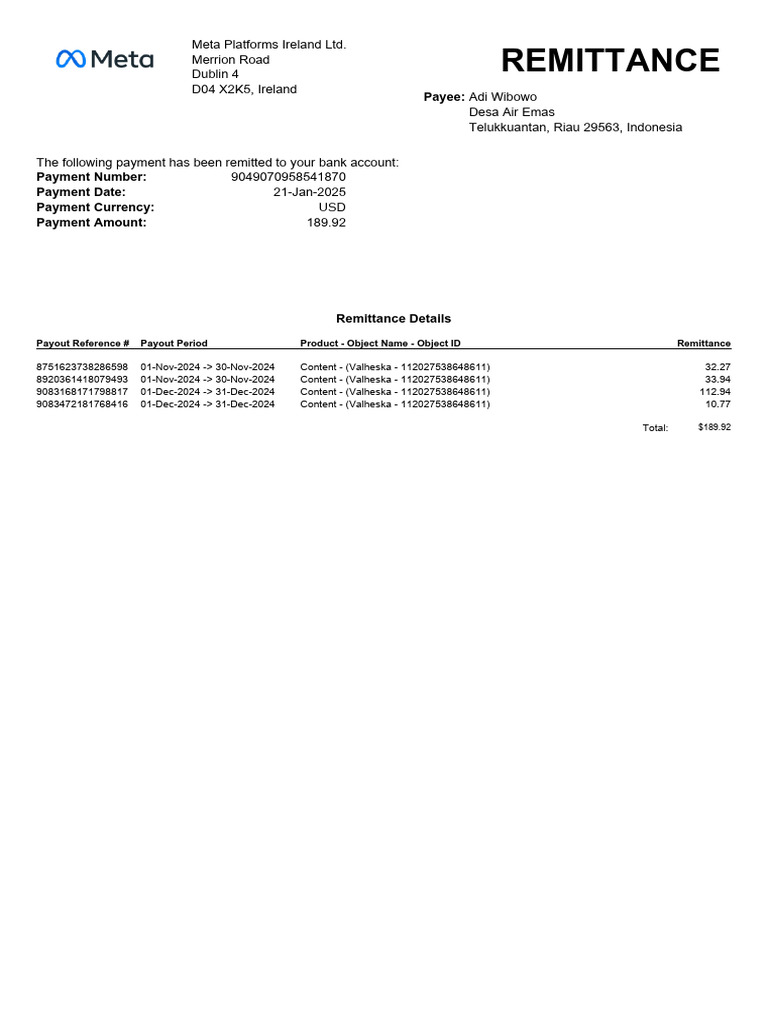 Meta Platforms Payment Remittance Details | PDF