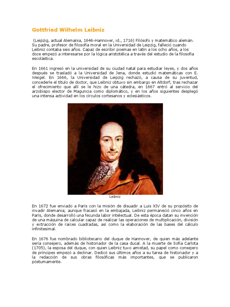 Biografia de Gottfried Wilhelm Leibniz PDF Gottfried Wilhelm Leibniz Enseñanza de matemática