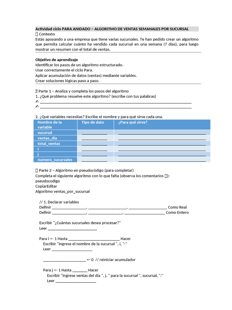 Actividad Ciclo PARA ANIDADO | PDF | Algoritmos | Algoritmos y ...