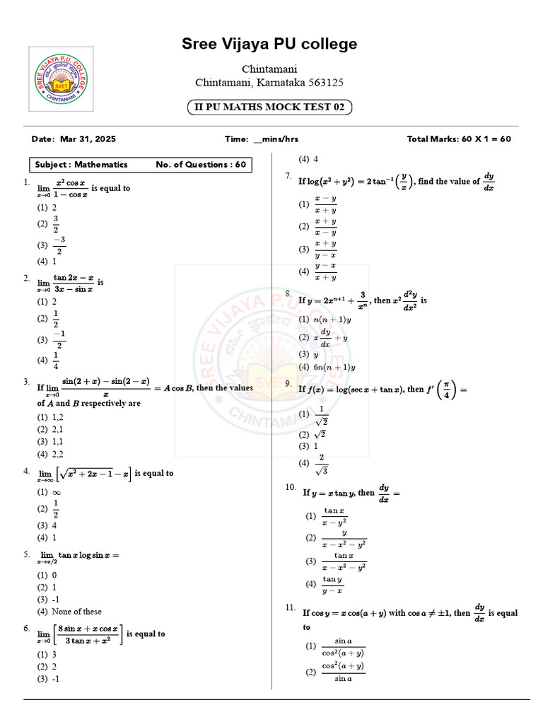 Ii Pu Maths Mock Test 02 QP | PDF | Trigonometry | Elementary Mathematics