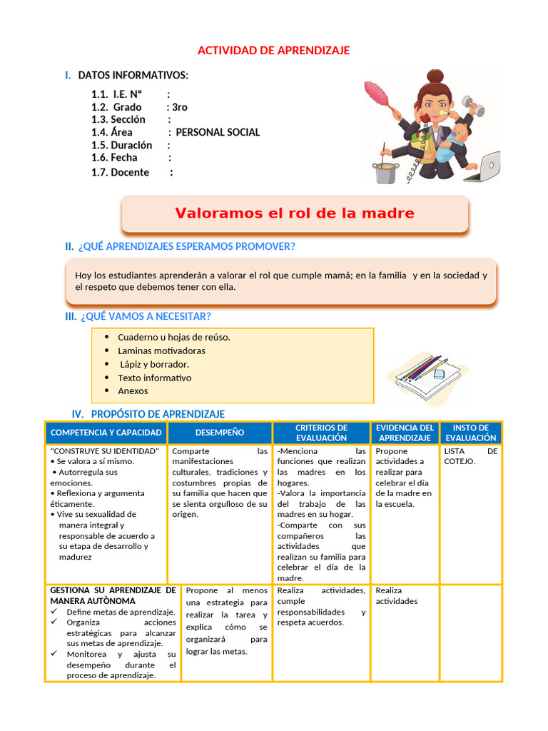 D1 A2 SESION PS. Valoramos El Rol de La Madre | PDF | Aprendizaje