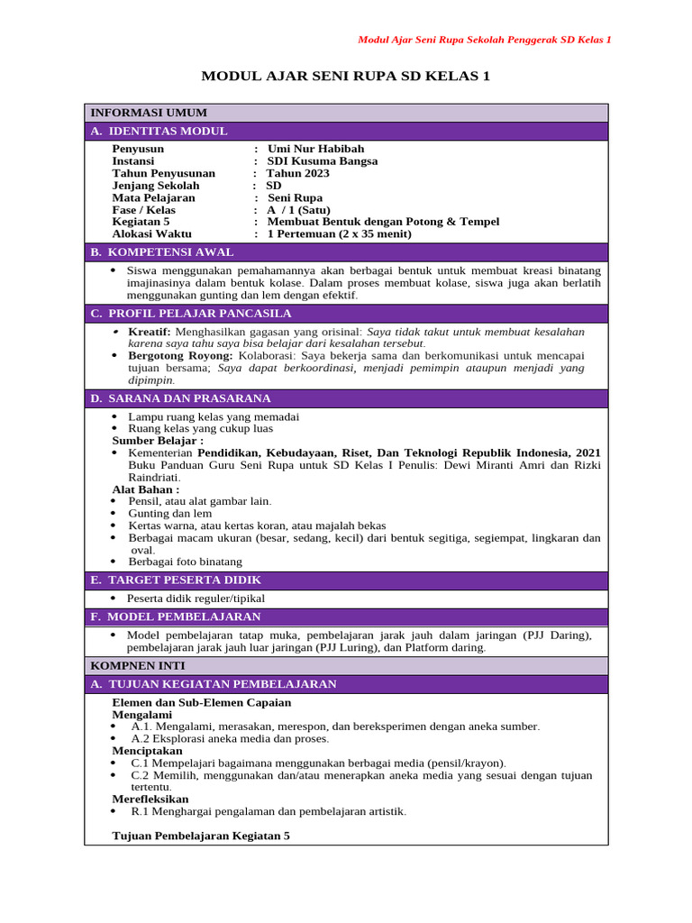 Modul Ajar Seni Rupa Kelas 1 - Kegiatan 5 | PDF