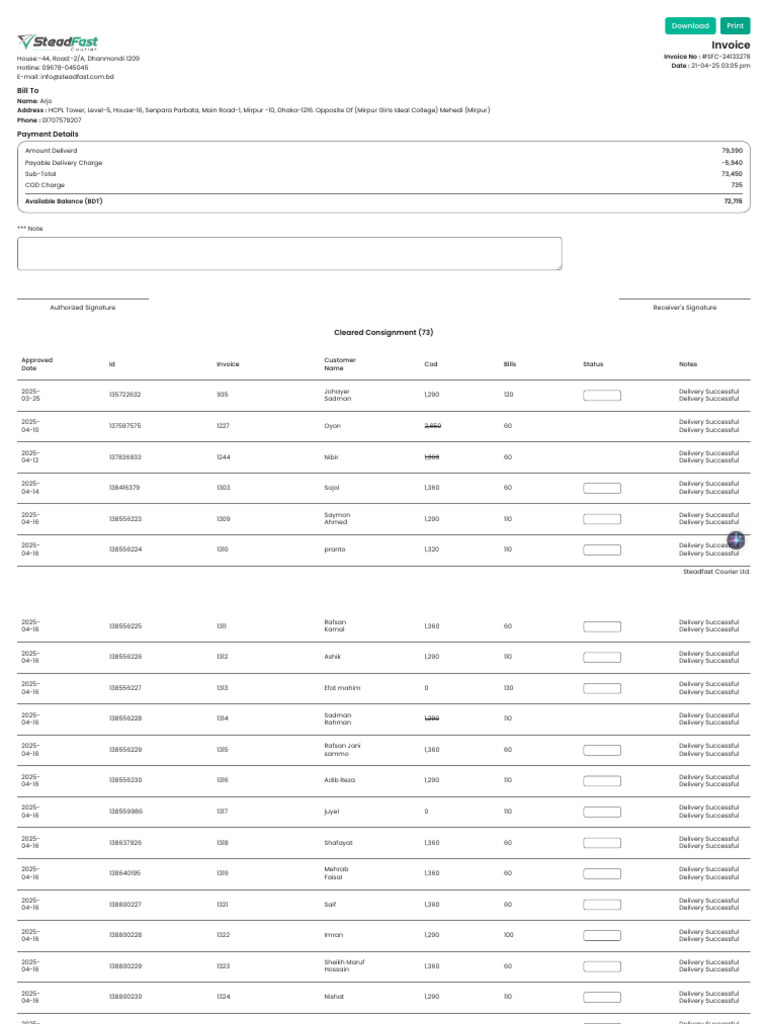 Steadfast Courier Charge Invoice | PDF | Bangladesh