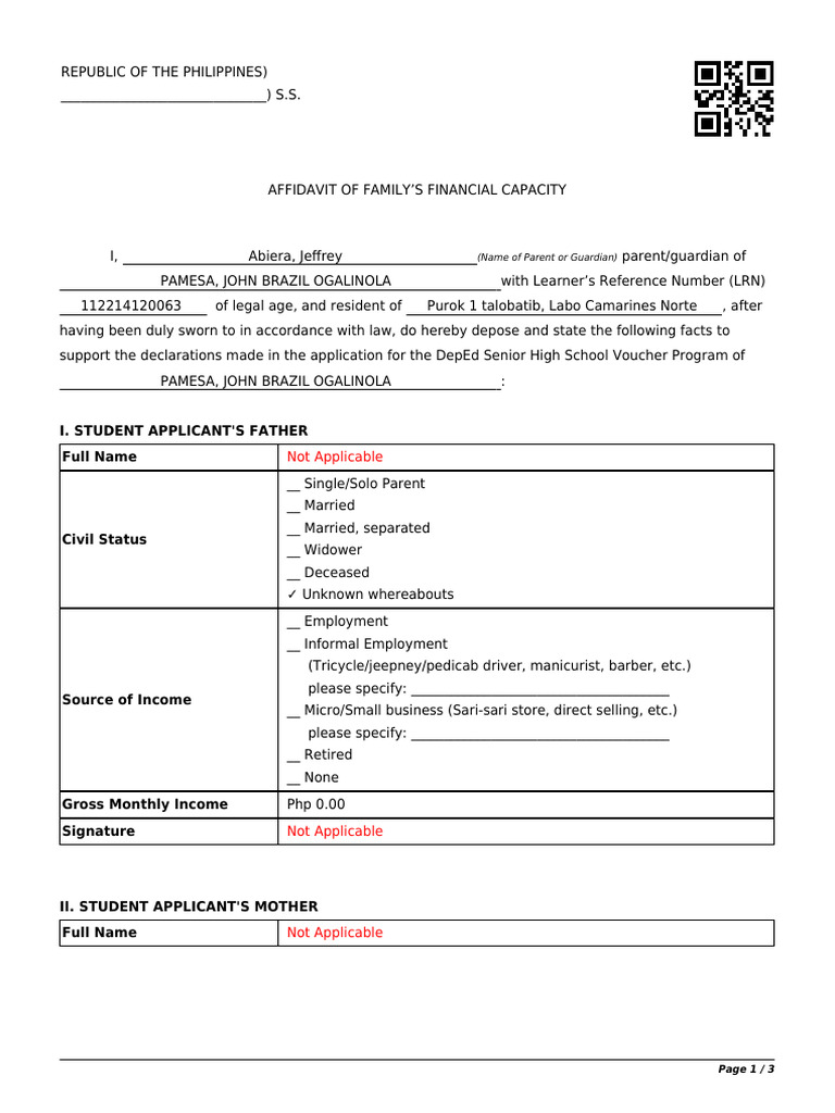 V25-X6N2HJ3T - Affidavit of Family Financial Capacity | PDF | Affidavit
