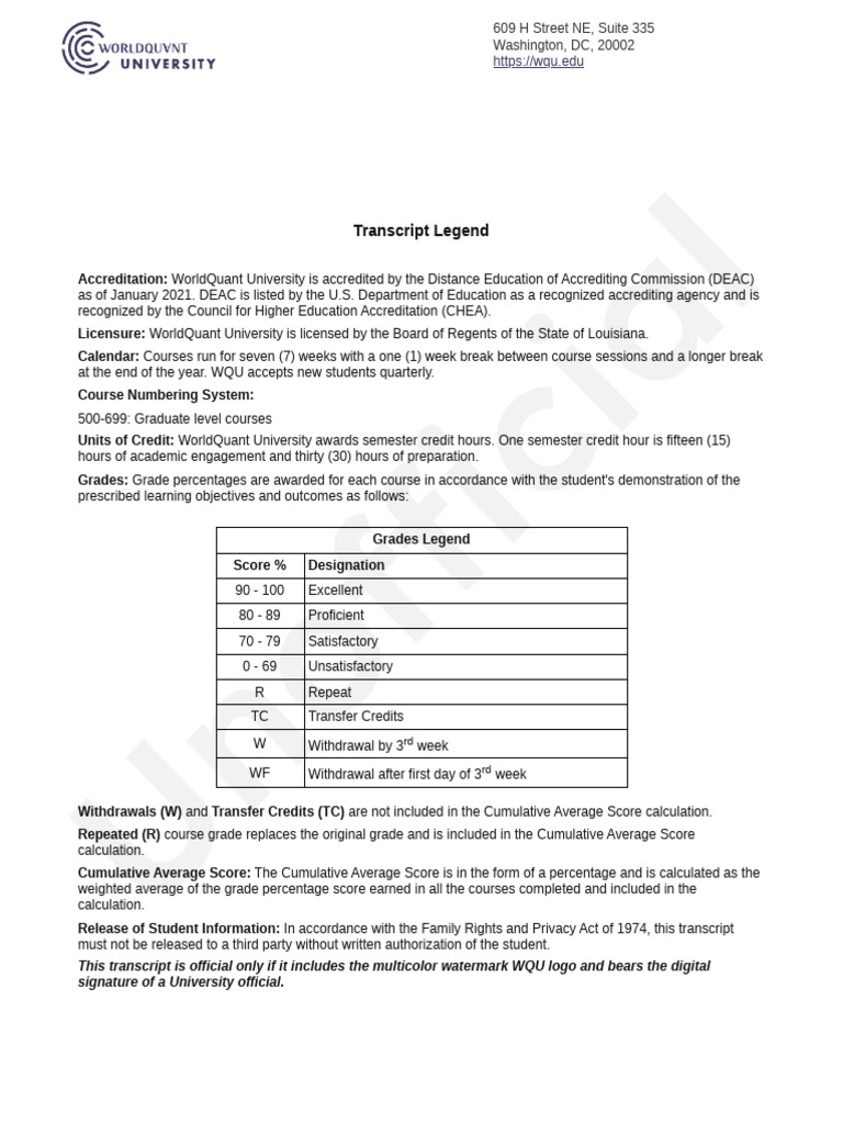 WorldQuant University Transcript Legend | PDF | Course Credit | Academia