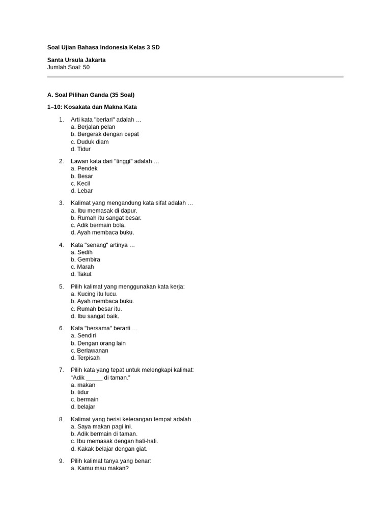 Soal Ujian Bahasa Indonesia Kelas 3 SD | PDF