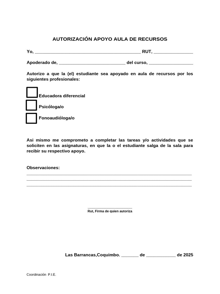 Autorización Apoyo Aula de Recursos | PDF