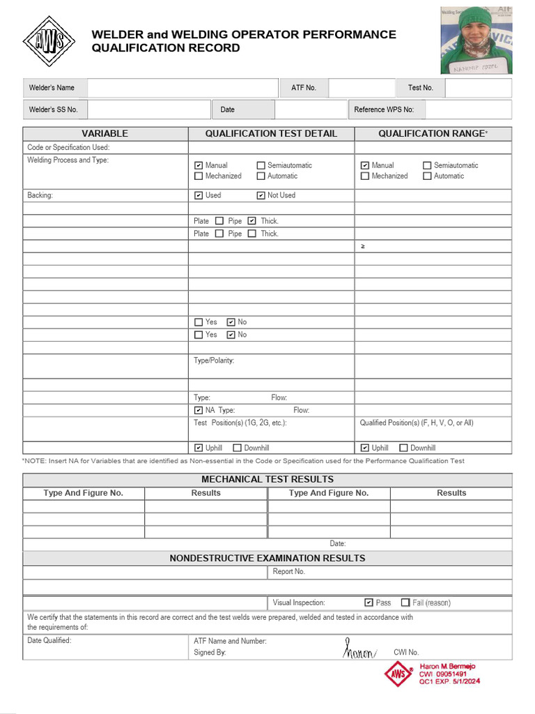 Welder Performance Qualification Record | PDF | Pipe (Fluid Conveyance ...