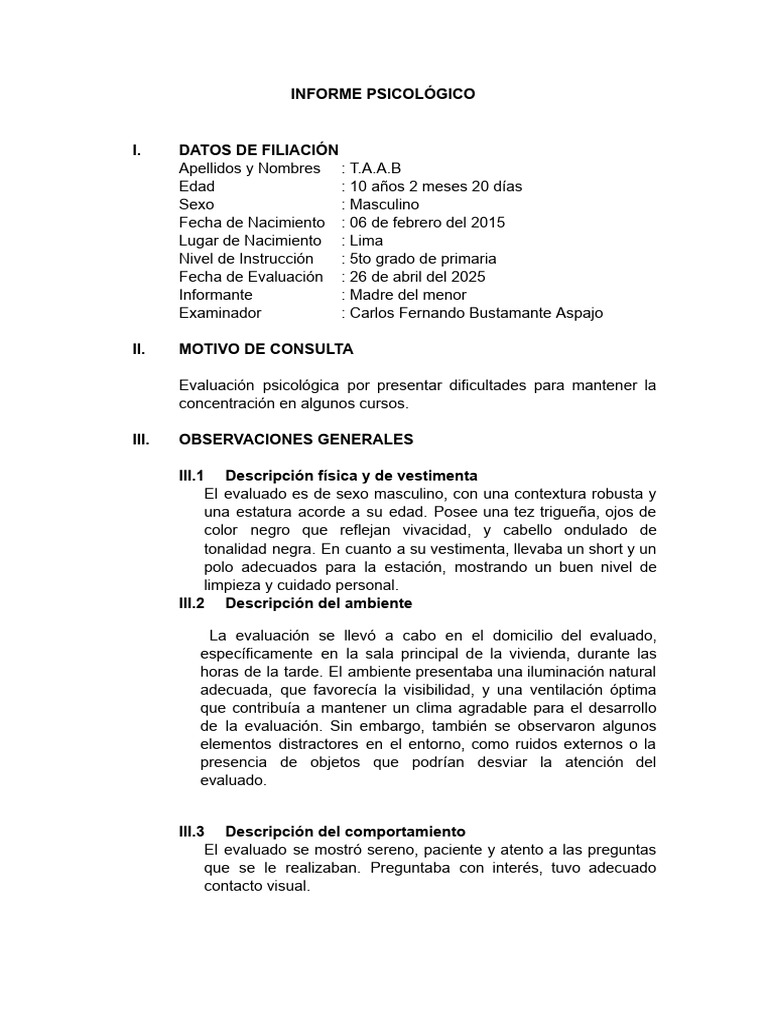 Informe Psicológico de Evaluación Infantil | PDF | Inteligencia ...
