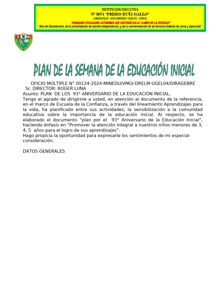 Plan de La Seman de La Educacion Inicial 2024 | PDF | Educación de la ...