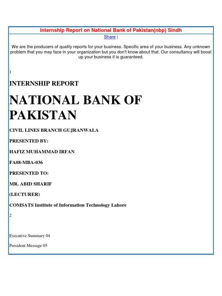 Internship Report On National Bank Of Pakistan Business Banking
