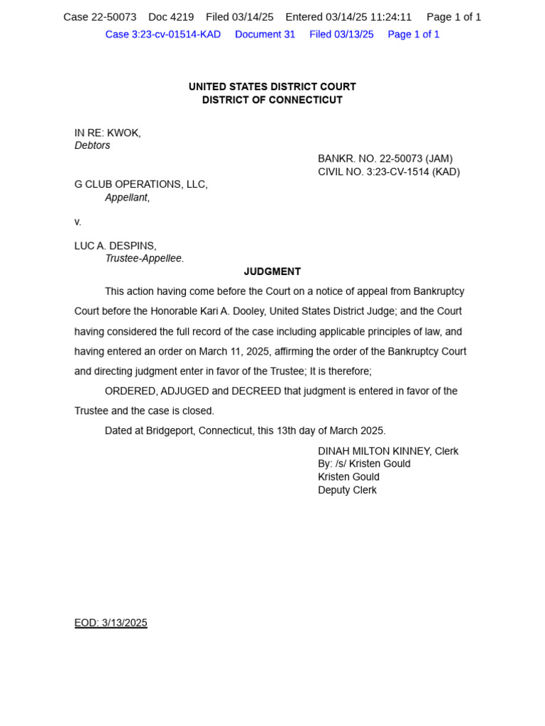 CTB 22-50073 4219 - Judgment From U S District Court 323-Cv-01514-Kad | PDF