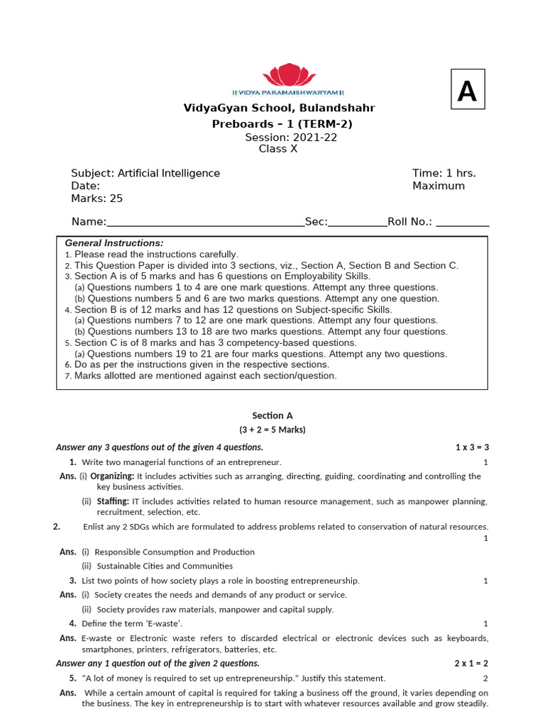 Class X AI Preboard Exam Paper | PDF