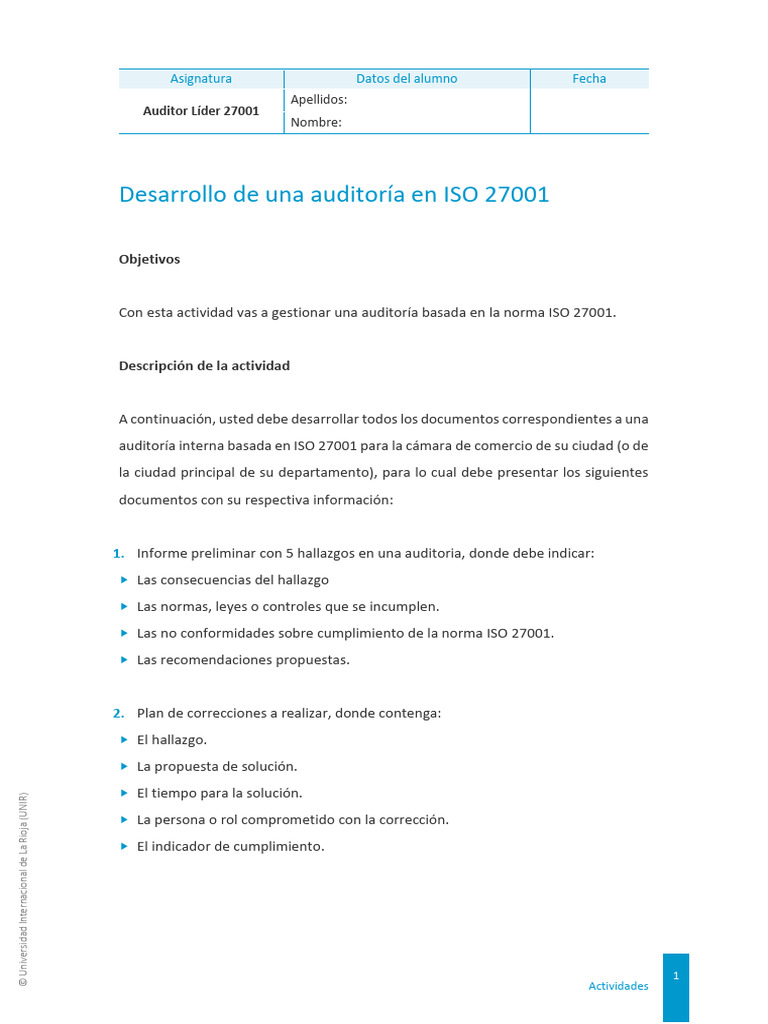 Actividad 2. Desarrollo de Una Auditoría en ISO 27001 | PDF | Seguridad ...