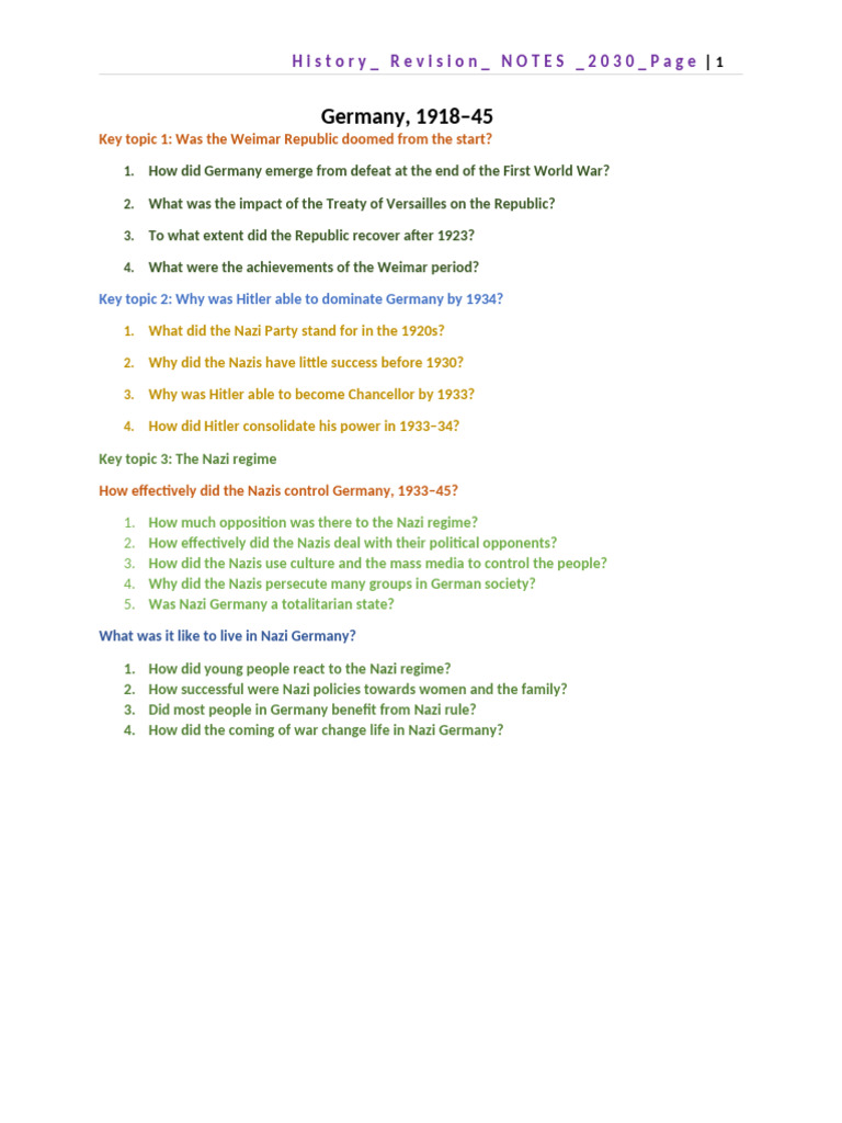 Germany Depth Study May June 2030 | PDF | Weimar Republic | Dawes Plan