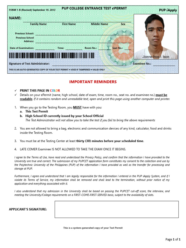 PUPCET 2025 Test Permit ePermit | PDF