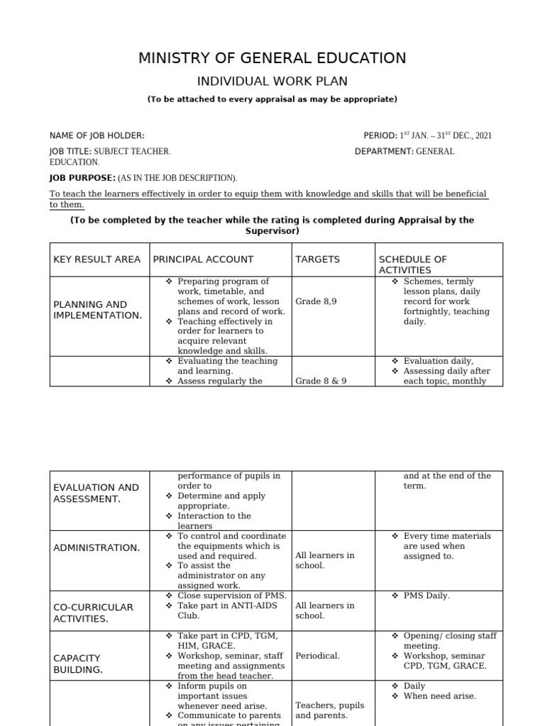 Individual Workplan - Class Teacher-1-1 | PDF | Learning | Teachers
