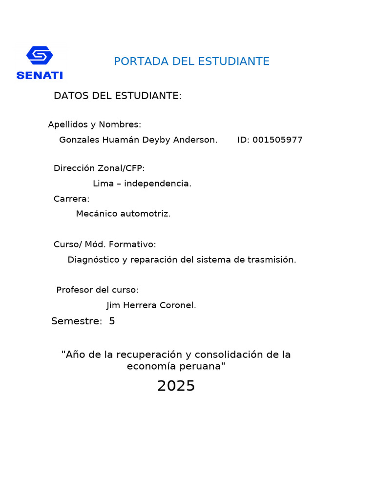 Informe de Estudiante: Mecánico Automotriz | PDF