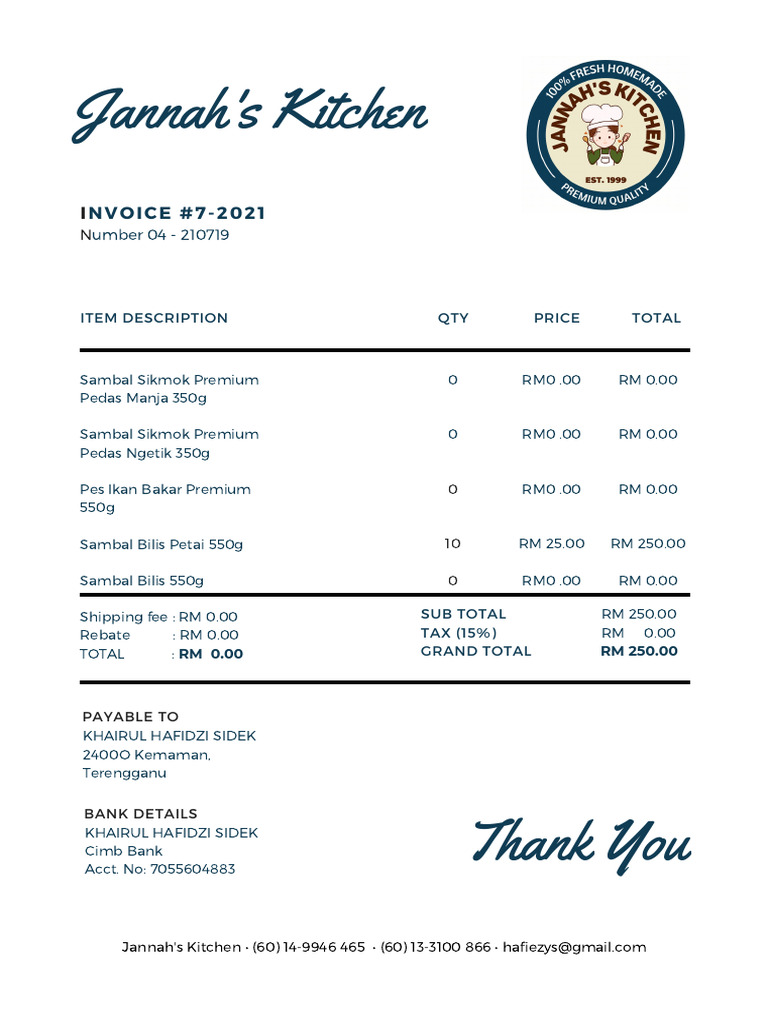 Invoice #7-2021 for Jannah's Kitchen | PDF