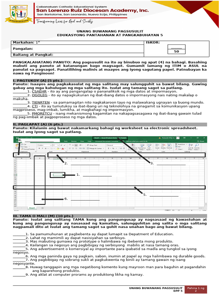 EPP5 1Q Exam | PDF