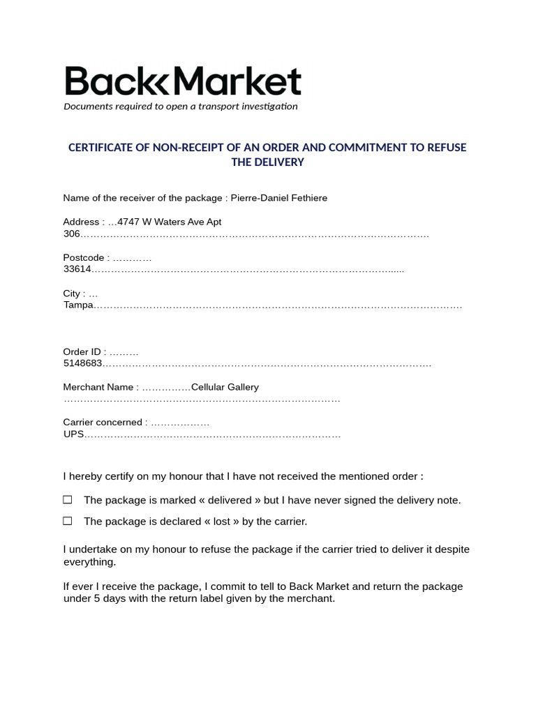 Certificate of Non-Receipt of An Order and Commitment To Refuse The ...