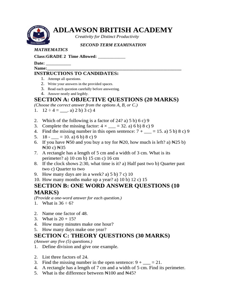 Grade 2 Mathematics Exam | PDF