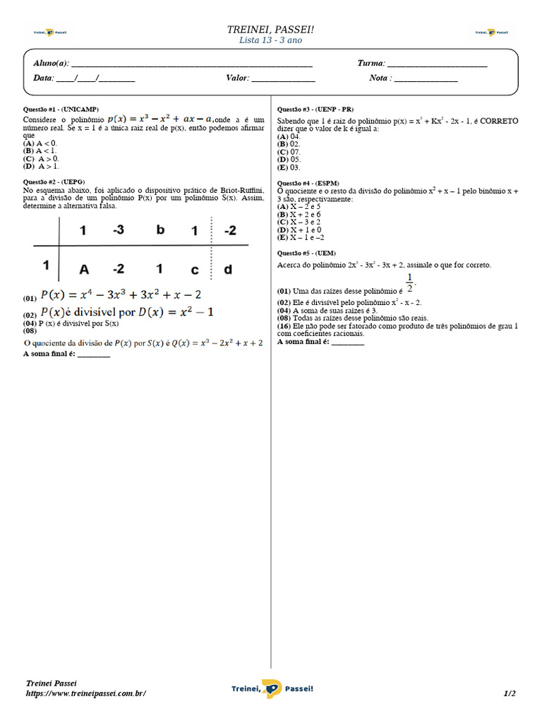 Exercícios sobre Polinômios - 3º Ano | PDF | Números | Conceitos ...